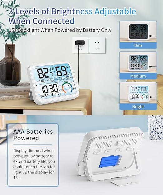 VOCOO 5.8" Large Display Indoor Thermometer Hygrometer - Backlight LCD with Comfort Indicator, Max/Min Records, Clock & Calendar, Dual Power (USB/Battery), Wall Mount or Tabletop - Image 4