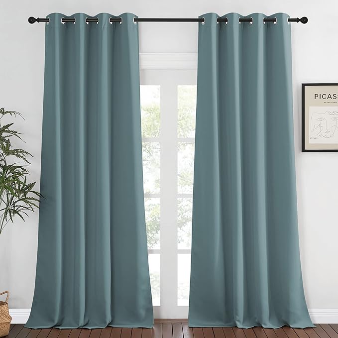 NICETOWN Blackout Greyish Blue Curtains & Drapes for Living Room - Thermal Insulated Solid Grommet Sound Reducing Energy Saving Window Treatments for Porch/Hall, 1 Panel, W52 x L90 by NICETOWN