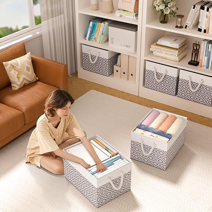 Storage Bins, 6-Pack Large Storage Box with Rope Handles, Collapsible Storage Basket for Organizing Books,Clothes,Rhombic Grey - Image 5