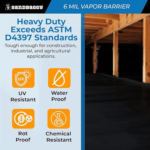 Sandbaggy 40 ft x 100 ft Vapor Barrier 6 Mil | Polyethylene | Black Plastic Sheeting Rolls | Moisture Barrier for Crawl Spaces, Concrete and Laminate Underlayment, Walls (4 Rolls) - Image 5