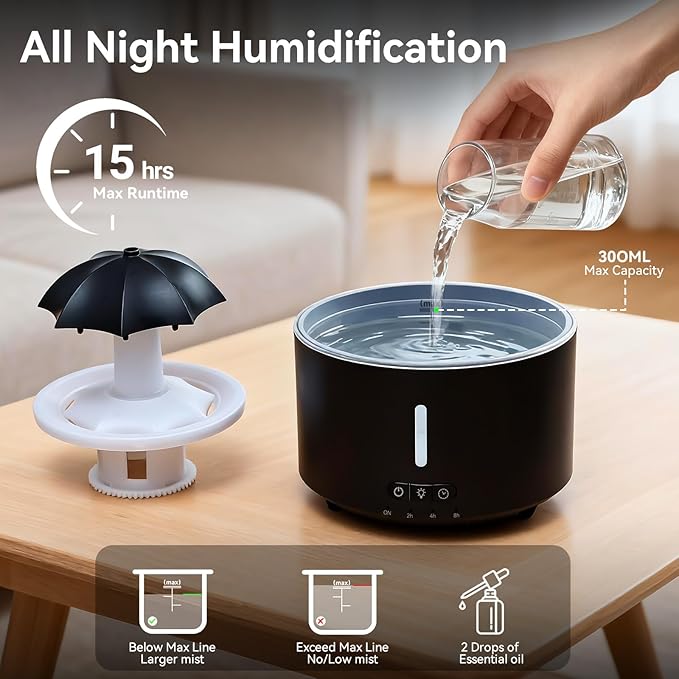 Missfly Aromatherapy Diffuser,Clouds and Cool Mist Humidifier,360° Rotatable,Super Quiet, Easy to Fill & Clean, Auto Shut-Off,300ml Humidifiers for Bedroom Home and Office (Black) - Image 8
