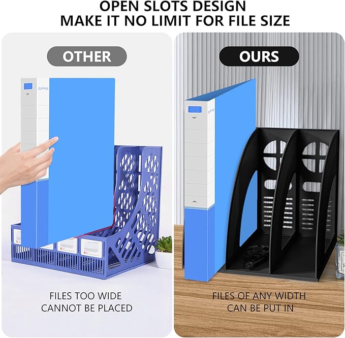 Marte Vanci 2 Pcs Magazine File Holder Book Desktop Organizer Plastic Storage Sturdy Vertical 3 Section Folder (Black) - Image 4