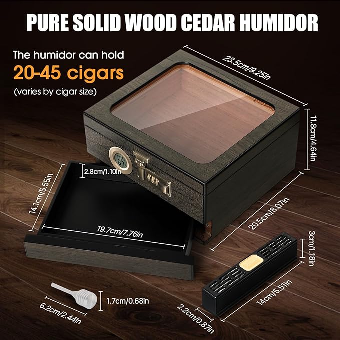 Cigar Humidor,Cedar Wood Humidor Cigar Box,Glass Top Desktop Humidor with Digital Thermo-Hygrometer, Humidifier, Divider, Accessories Drawer and Combination Lock,Cigar Gift for Men - Image 5