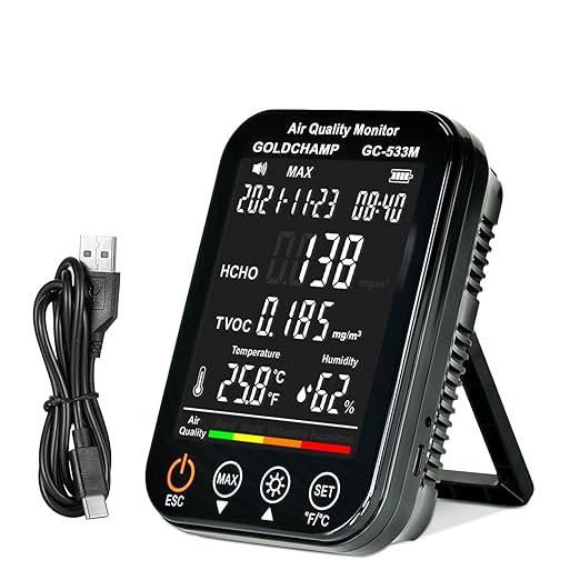 Air Quality Monitor Indoor, 4-in-1 Accurate Air Quality Detector with HCHO | TVOC | Temperature (℃/℉) | Humidity Sensor Air Analyzer with Digital LCD Screen, Sound Alarm for Home, Cars, Plants by GOLDCHAMP