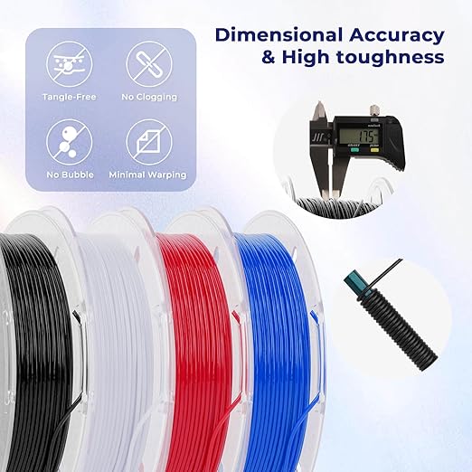 AMOLEN 3D Printer Filament, Flexible TPU Filament Bundle, 1.75mm TPU Filament Multicolor, Soft Filaments of High Elasticity, Supports High Speed, 200gX4 Spools(Black/White/Red/Blue) - Image 6