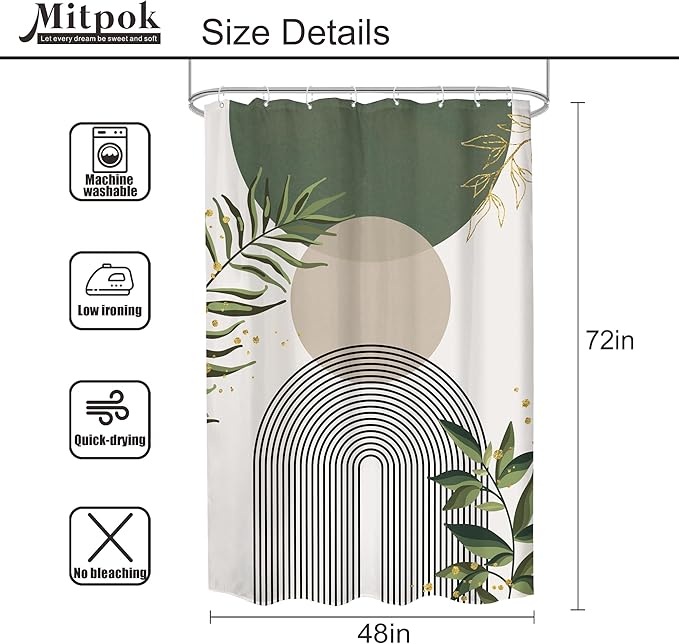 Stall Small Boho Shower Curtain 48Wx72H Rv Sage Green Modern Bohemian Abstract Leaves Mid Century Plant Half Narrow Bathroom Decor Minimalist Geometric Bath Curtain Fabric Polyester 8 Pack Hook - Image 4
