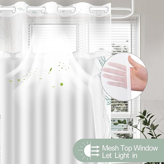Stall No Hook Shower Curtain with Snap in Liner, Beach Ocean Nautical Coastal Shower Curtains and Liner Set for Bathroom, Seashell Fabric Bath Curtain, Waterproof Washable, Green 54" x 80" - Image 2