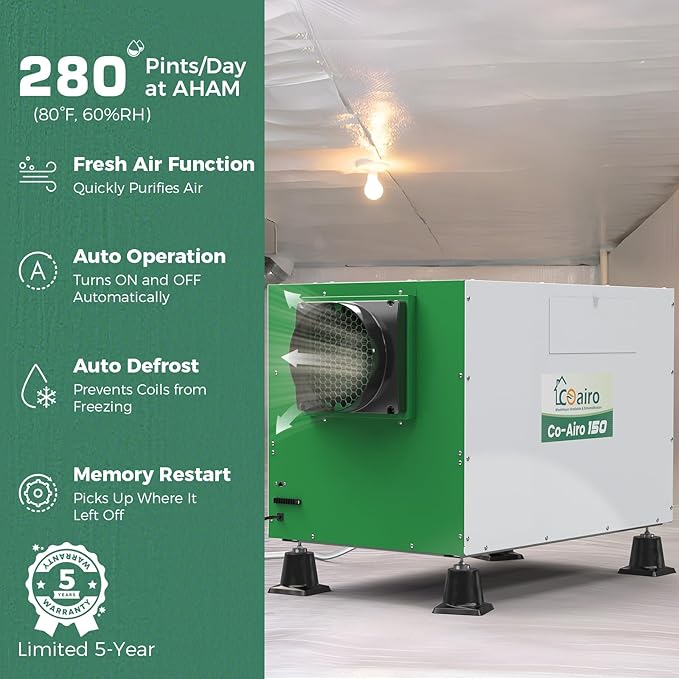 Whole House Dehumidifier with Controller, 280 Pint with Fresh Air Function, Crawl Space Dehumidifier with Drain Hose Up to 3500 sq. ft. for Grow Tent, Whole House, Commercial, Basement - Image 4