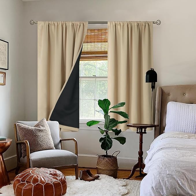 BGment Thermal Insulated 100% Blackout Curtains for Bedroom with Black Liner, Double Layer Full Room Darkening Noise Reducing Rod Pocket Curtain (52 x 45 Inch, Beige, 2 Panels) - Image 2