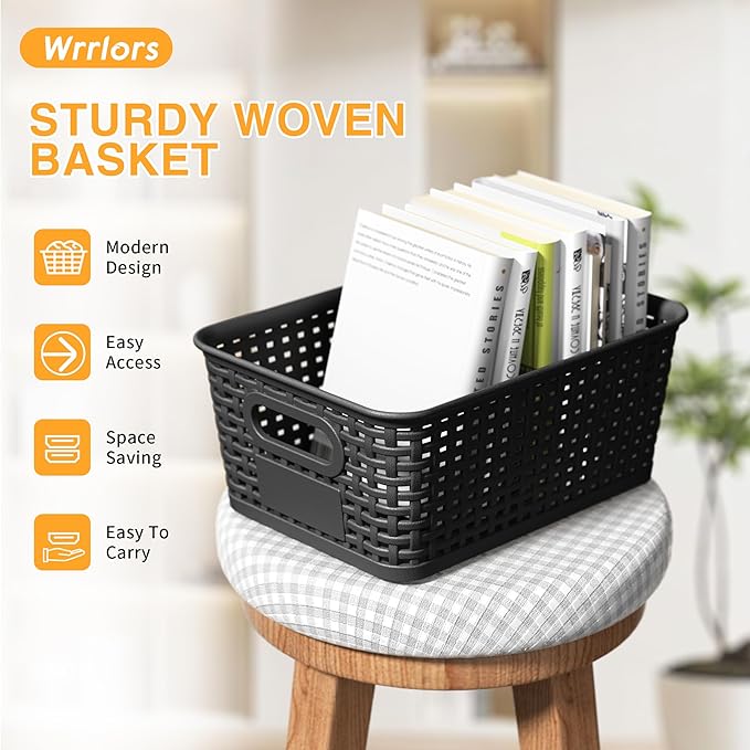 Black Plastic Storage Baskets - Pack of 8 with Labels Stackable Durable Storage Bins, Storage Containers for Organizing Desktops, Closets, Playrooms, Classrooms, Offices - Image 6