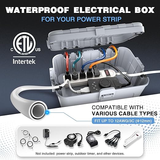Flemoon Outdoor Electrical Box Waterproof, IP54 Waterproof Extension Cord Cover, Protect Outlet, Plug, Socket, Timer, Power Strip, Holiday Light, Large Weatherproof Connection Box, Light Grey - Image 2