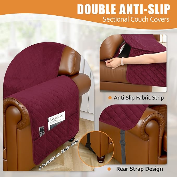 Arfntevss Waterproof Sectional Couch Covers L Shape Washable Velvet Sofa Cover for Sectional Non Slip Large Corner Slipcovers Dog 6 Pcs Universal U Shaped Furniture Protector (Wine Red, Large) - Image 4
