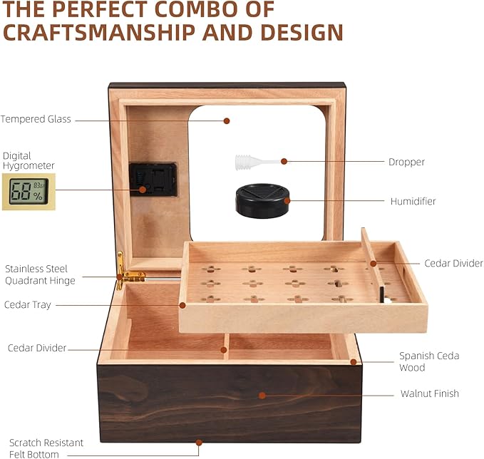 Cigar Humidor, Modern Glass Top Cedar Humidor Cigar Box with Digital Hygrometer, Humidifier, Handcrafted Cedar Wood Tray and Divider, Cigar Case Holds 25-50 Cigars, Cigar Accessories for Men - Image 6