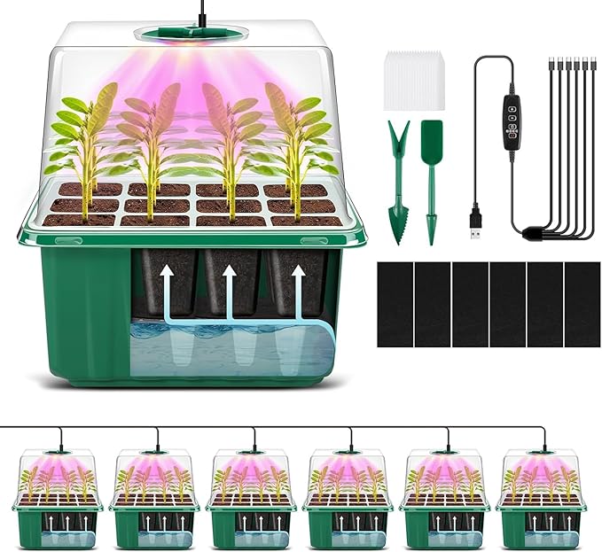 YAUNGEL Self-Watering Seed Starter Trays with Grow Light, 6-Pack 72-Cell Seed Starter Kit with Timing Controller Adjustable Brightness, Thicken Seed Starter Kit Humidity Dome Heightened Lids, Green by YAUNGEL