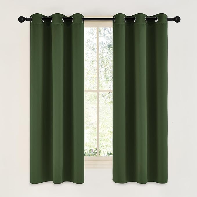 NICETOWN Dark Green Blackout Cafe Satin Curtains for Small Windows, 42" Wide by 63" Long, 2 Panels, Grommet Noise Reducing Faux Silk Blackout Drapes for Dining Room by NICETOWN
