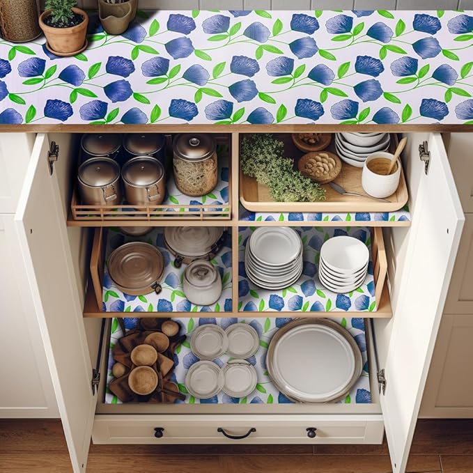 2 Rolls 18" W x 192" L Floral Drawer and Shelf Liner for Cabinets, Non-Adhesive Strong Grip Non-Slip Flower Shelf Cabinet Kitchen Shelf Liners for Kitchen Cabinets - Image 2