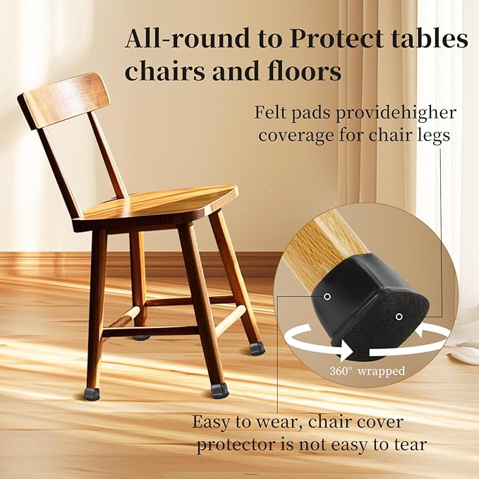Square Chair Leg Floor Protectors Large 24Pcs,Silicone Chair Leg Protectors for Hardwood Floors/Tiles,Black 360°Wrapped Felt Bottom to Prevent Scratch and Reduce Noise - Image 4
