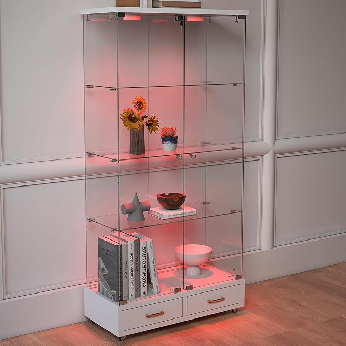 Yoluckea 4 Tier Glass Display Cabinet with LED Lighting and 2 Drawers, 2 Doors Floor Standing Curio Cabinet with Wheel for Home, Office, Corner Display, White Glass Bookshelf for Collections and Decor - Image 9