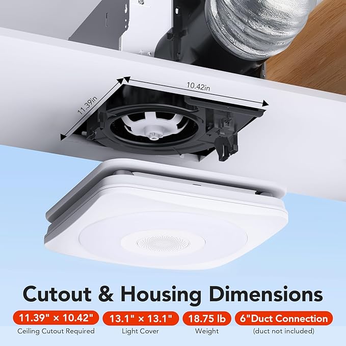OREiN 3-in-1 Bathroom Exhaust Fan with Bluetooth Speaker & LED Light, 110/160 CFM Quiet Ventilation Fan, 1500LM, 2700K-6500K Adjustable, Night Light, Remote Control, 11.39" x 10.42" Ceiling Cut-Out - Image 2