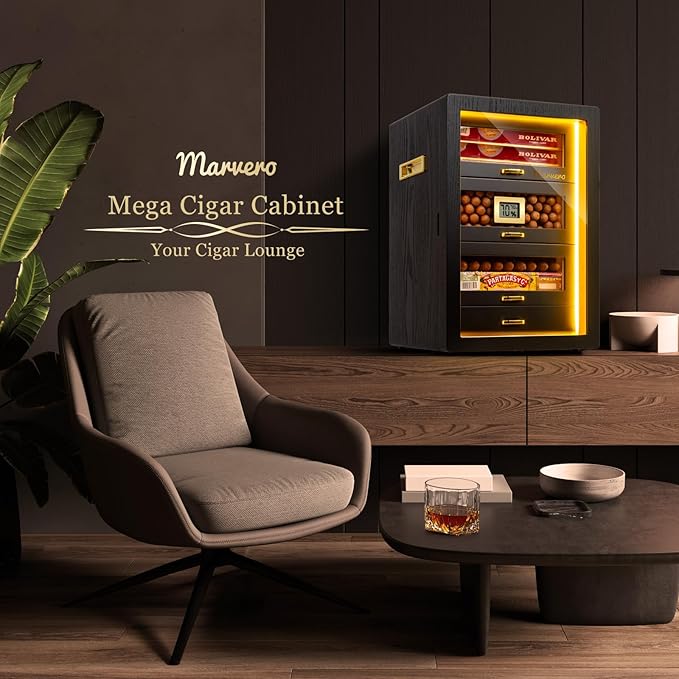 Cigar Humidor, Desktop Humidor Cabinet Triple-Sided Light with Digital Hygrometer, Humidifier and Humidity Packs. 4 Ceder Wood Drawers, Cigar Humidor Box can Hold 200 Cigars,Present for Men - Image 9