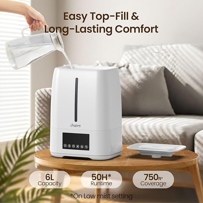 6L Top Fill Ultrasonic Humidifier - Cool and Warm Mist for Bedroom, Baby, Large Rooms & Plants, Smart Humidity Control, Aroma Diffuser, Night Light, 12H Timer, Quiet, White - Image 2
