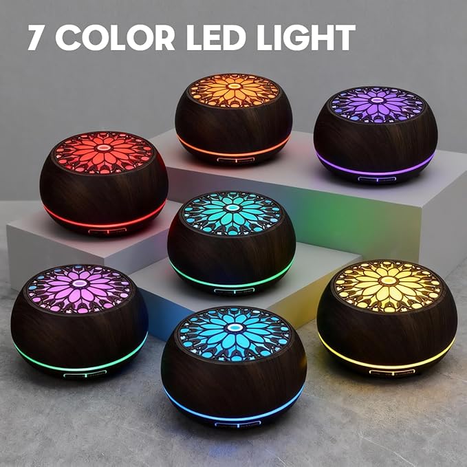550ml Large Capacity Essential Oil Diffuser with 6 Aromatherapy Oils Set,Ultrasonic Air Humidifier with Timer and 7 Color LED Night Light Waterless Auto-Off Dark Wood Grain - Image 6