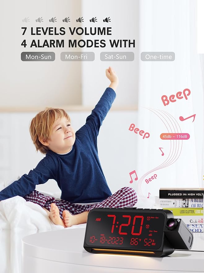 Projection Alarm Clock for Bedroom Ceiling, Digital Clock Projector with Weekday/Weekend Mode, Date, Temperature, Humidity, Type-C USB Charger, Night Light, Dual Alarms, DST, Dimmer,12/24H - Image 5