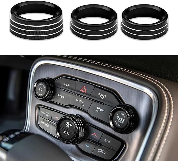 3PCS Air Conditioner Switch Button Knob Cover, Auto Accessories Climate Control Knob Covers, Aluminum Alloy Knob Ring Trim Cover Compatible with Dodge Challenger Durango 2015-2022 (Black) by Unknown