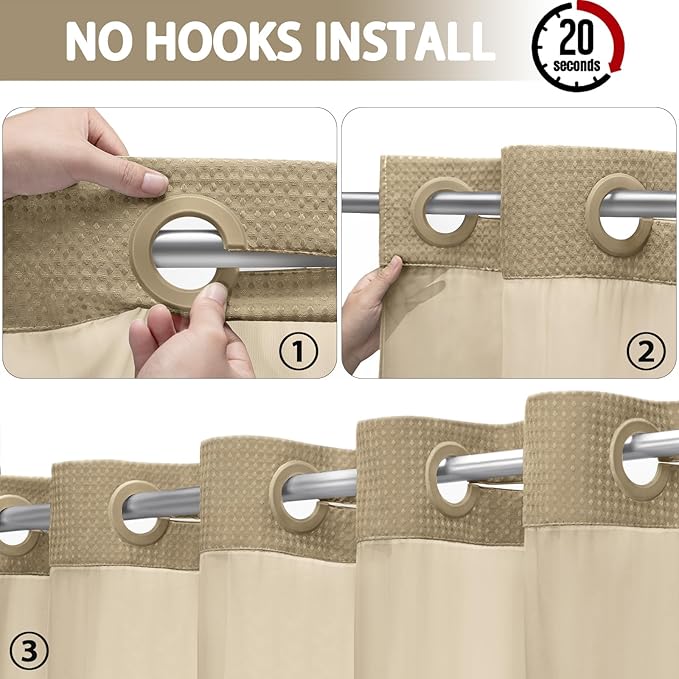 No Hook Shower Curtain and Liner Set,Beige Hotel Waffle Shower Curtain with Liner 81" L x 72" W - Image 2