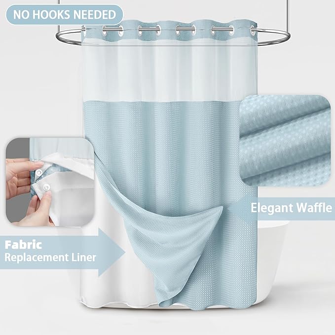 No Hook Shower Curtain and Liner Set,Teal Hotel Waffle Shower Curtain with Liner 75" L x 72" W - Image 3