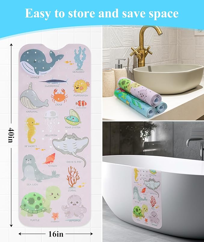 Bath Mat for Tub Non Slip, Machine Washable Anti-Slip Cartoon Baby Bathtub Shower Mat with Drain Holes and Suction Cups for Toddler & Kids, 40 Inch x 16 Inch, Pink Sea Animals - Image 6
