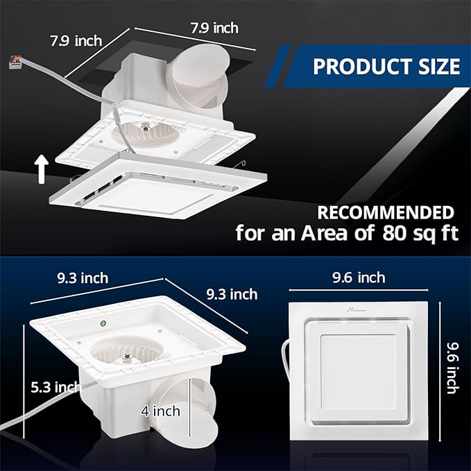 10" Bathroom Exhaust Fan with Light, 8" x8" Ceiling Opening, 110 CFM Powerful 1.0 Sone Quiet Vent Fan, 2600lm 6000K Color LED Light, Easy to Install, Space Saving Bathroom Ventilation - Image 3