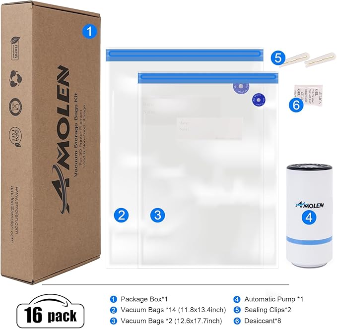 AMOLEN 28PCS Filament Storage Bags Vacuum Kit, Cleaning Drying Sealed 16 Bags with Two Sizes for 3D Printer Filament with Automatic Pumps/Desiccants/Clips - Image 7