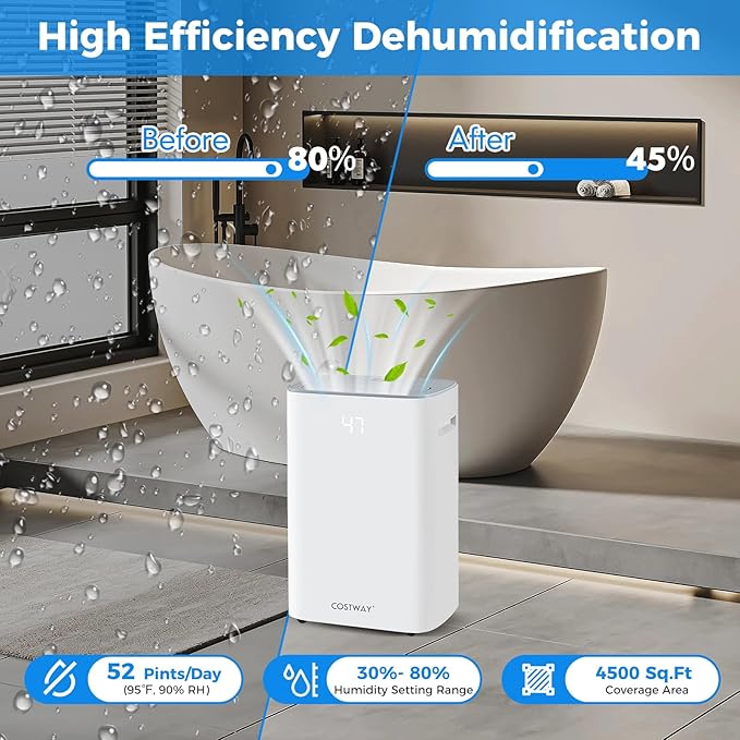 COSTWAY 52 Pint Dehumidifier for Basement, 3.3 FT Drain Hose, Clothes Drying Modes, Auto Defrost, Child Lock & 24H Timer, Home Dehumidifier for Bedroom, Bathroom, Garage - Image 4