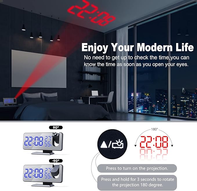 Projection Digital Alarm Clock for Bedrooms,Alarm Clock Radio on Ceiling, USB Charger Port, Temperature & Humidity Display, 7.3” Large Mirror LED Display,12/24H,Snooze,Dual Loud Clock- 4 Dimmer - Image 2