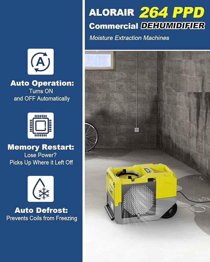 ALORAIR 264 PPD LGR Commercial Dehumidifier High Performance Industrial Dehumidifier with Pump, Compact, Portable Industrial dehumidifier for Water Damage Restoration, Yellow - Image 2