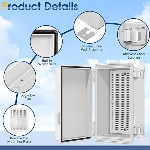 Waterproof Outdoor Project ABS Plastic Junction Box IP67 Weatherproof Dustproof Enclosure with Hinged Cover, Mounting Plate,Wall Brackets for Power Project (11"X7.5"X5.5") - Image 3
