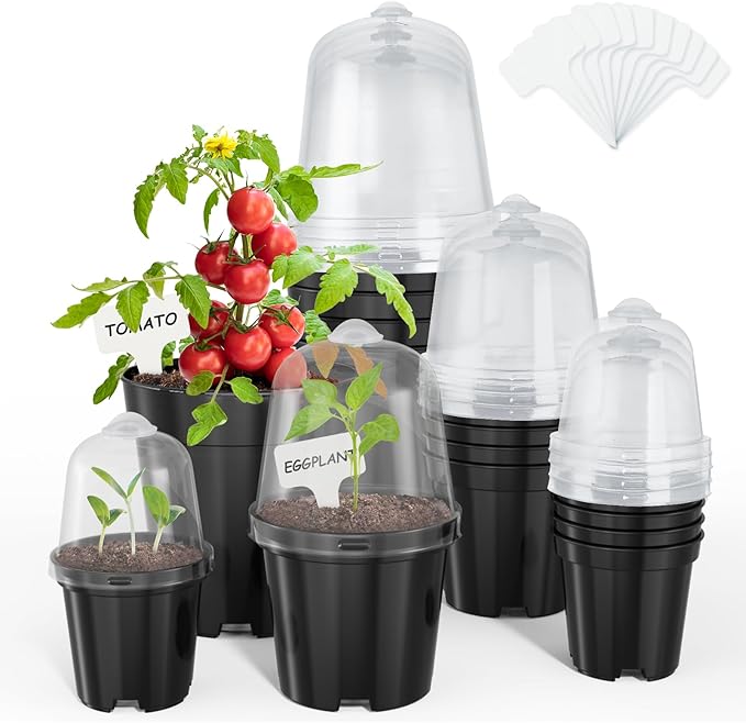 homenote Nursery Pots for Plants,3/4/5 Inch Plant Pot for Planting with Humidity Domes Plastic Seedling with Drainage Holes Seed Starter Flower with 10 Labels Black (15 Pack) by HOMENOTE