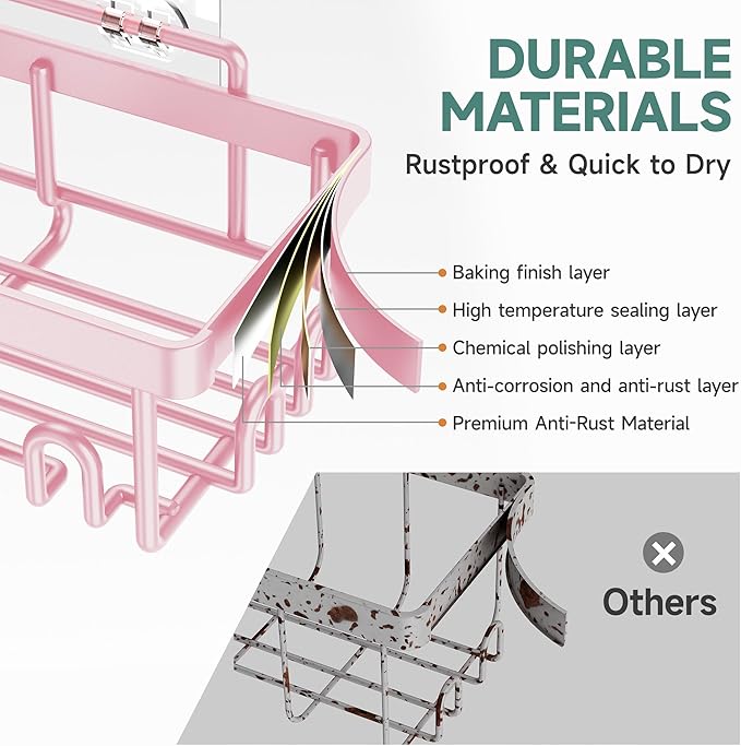 Veken Large Capacity Shower Caddy 6-Pack, No Drilling & Rustproof, Adhesive Shower Shelves with Soap Holder, Bathroom Organizers and Storage, Wall-Mounted Kitchen & Home Decor, Pink - Image 4