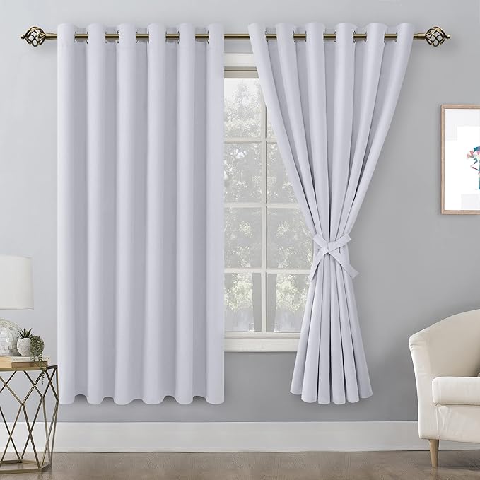 Hiasan Room Darkening Curtains for Bedroom, 70 x 63 Inches - Thermal Insulated & Energy Saving Window Drapes for Living Room/Dorm Room, Set of 2 Panels Sewn with Tiebacks, Greyish White - Image 2