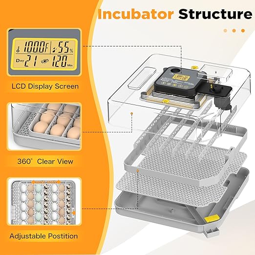 Incubator for Hatching 48 Eggs with Automatic Egg Turning and Humidity Control, Egg Incubator with Temperature, Incubators for Chicken, Ducks, Goose, Quail, Pigeon, Grey - Image 3