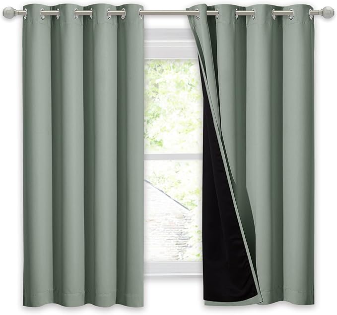 NICETOWN Greyish Green 100% Blackout Lined Curtain, 2 Thick Layers Completely Blackout Window Treatment Thermal Insulated Drape for Kitchen/Bedroom (1 PC, 52" Width x 63" Length Each Panel) - Image 2