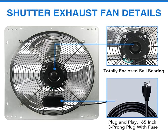KEN BROWN 18 Inch Shutter Exhaust Fan, Gable Vent Fan, Wall Mount Ventilation, High Speed 2600 CFM, Automatic Aluminum Blades, for Garages, Shop, Greenhouse, Attic, with Power Cord - Image 4