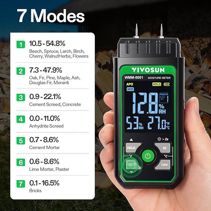 VIVOSUN Wood Moisture Meter, 3-In-1 Pin-Type Digital Moisture Tester, Ambient Temp & Humidity Tester, 7 Modes, Color Backlit Screen, for Wood, Walls, Bricks, Dried Flowers - Image 2