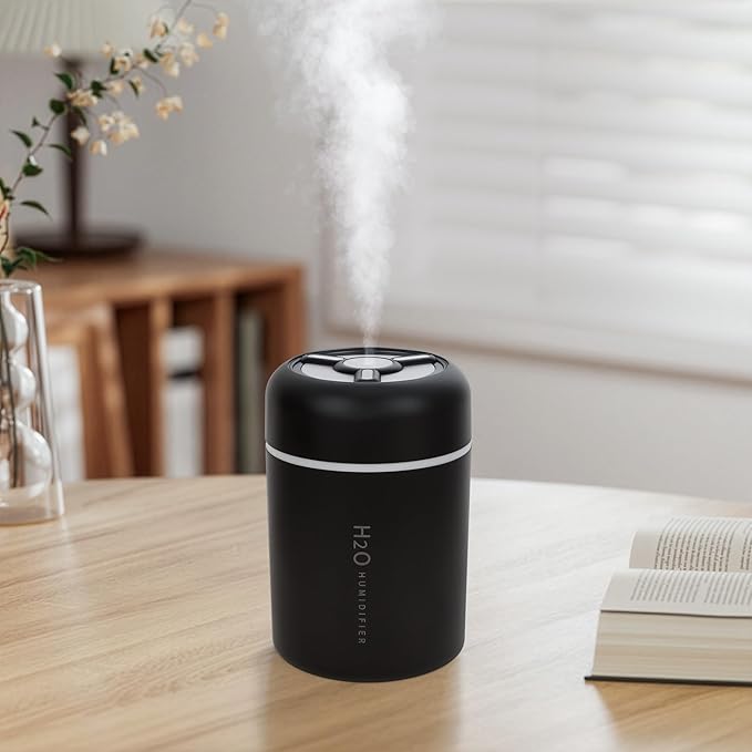 Portable Mini Humidifier, 300ml USB Cool Mist Small Humidifier with Colorful Lights. Perfect for Bedroom, Office, Plants, travel & Car (Black) by Riecin