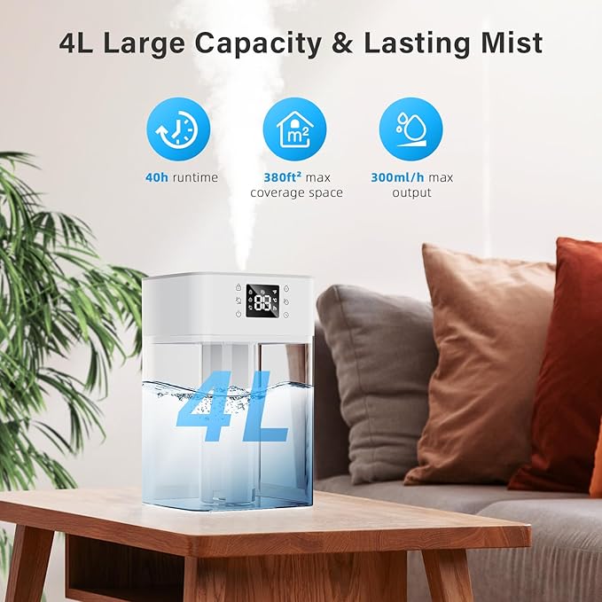 JRD 4L Humidifiers for Bedroom, Cool Mist Humidifier for Large Room, 40H Runtime, 360° Nozzle, Night Light for Home, Office, Baby Nursery, Plants（Black） - Image 8