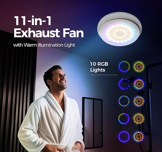 Bathroom Exhaust Fan with Light, 10 RGB Lights Upgraded 2 Way 6 Speed Bathroom Fan with Light & Remote Low Noise DC Motor 3000 RPM Energy Saving Household Ventilation Fans P108A2 - Image 3