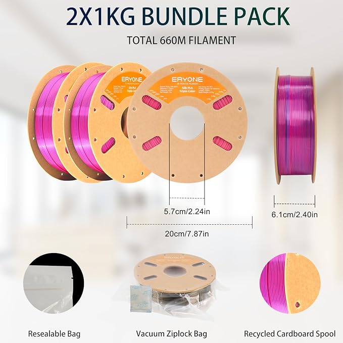 ERYONE Silk Tri Color PLA Filament 3D Printer 1.75mm +/- 0.03mm, Multicolor Filament Tricolor PLA Bundle 2KG Cardboard Spool, Red Yellow Blue - Image 6