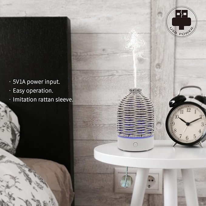 Essential Oil Diffuser - Multifunction Aromatherapy Diffuser 7 LED Color Changing Light 100ML Rattan Diffuser Easy to Clean Suitable for Home,Office (Grey) - Image 4