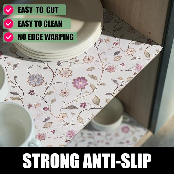 Floral Non-Slip Drawer Liner, Non-Adhesive and Strong Non-Slip Floral Shelf Cabinet Drawer Liners for Kitchen, Waterproof Cupboard Liners,Easy to Clean,12IN x 10FT - Image 2